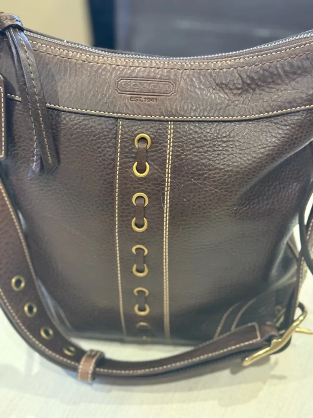 Coach Bleeker Dark Brown Pebbled Leather Messenger/Bucket Bag with Brass